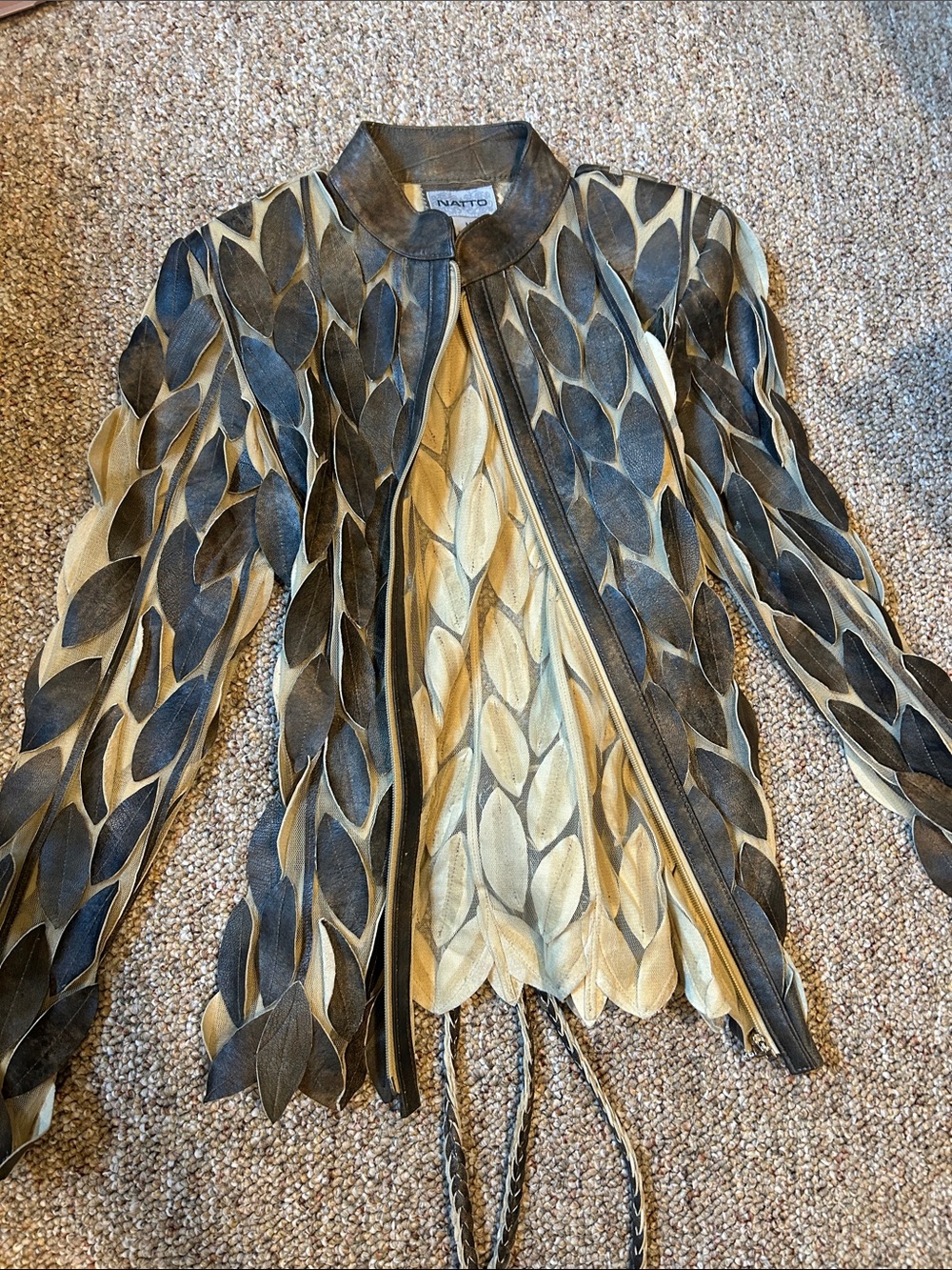 Natori Leaf-Appliqué Leather Jacket in Beige and Black